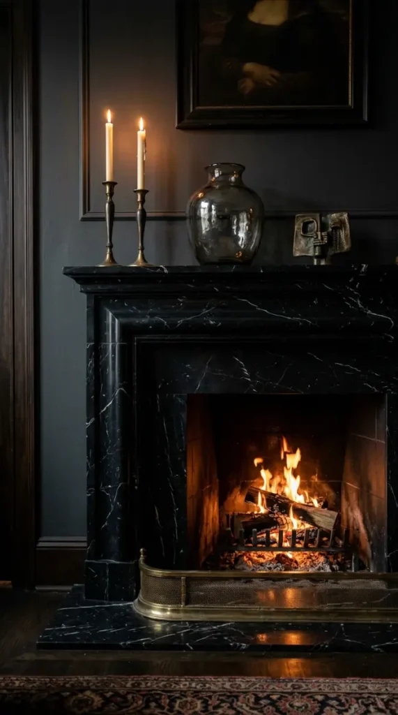 20 Vintage Home Aesthetic Glamouratti Moody Apartment 16 16. Black Marble Surfaces — Fireplace Coffee Table Bathroom Shelf