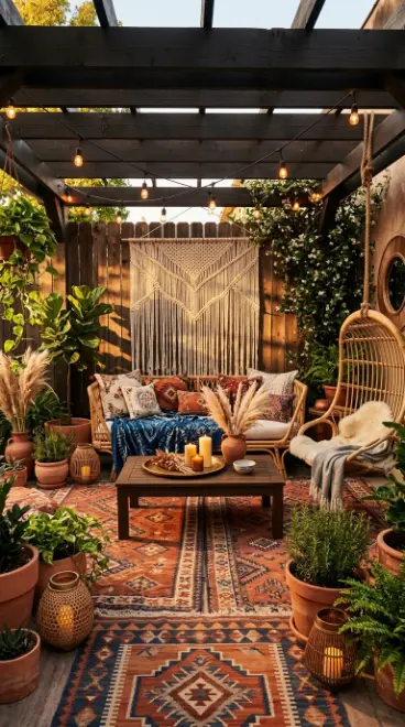 28 Outdoor Patio Ideas for a Boho Layered Living Room 16 16. Boho Patio at Golden Hour — The Complete Layered Room
