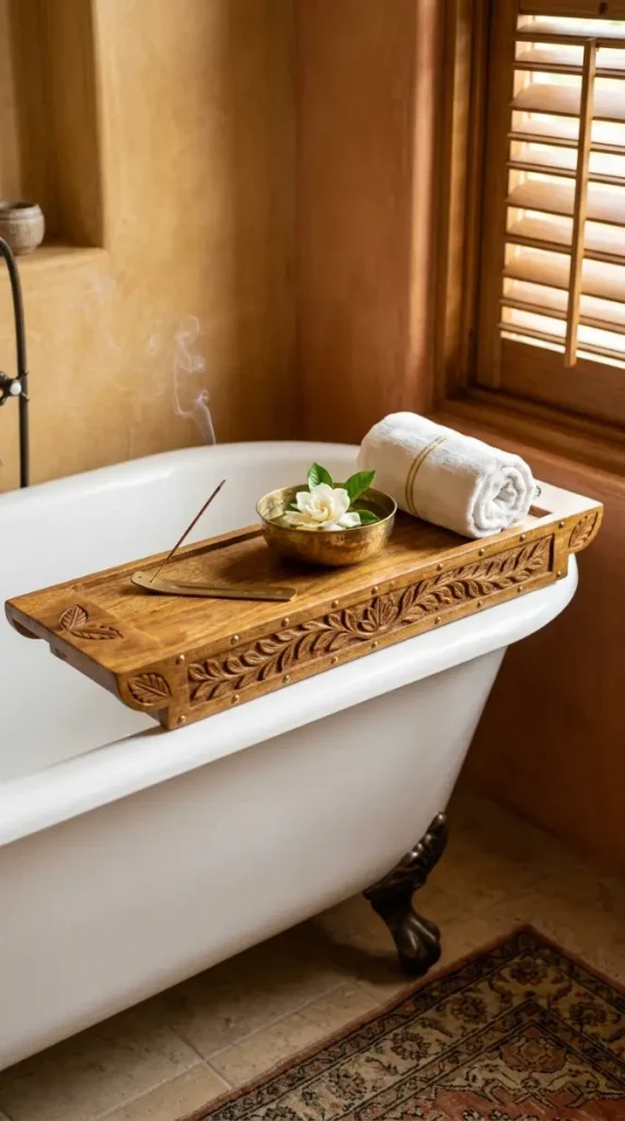 18 Bathtub Caddy Vintage Clawfoot Rustic Wood Floral Brass 16 16. Carved Mango Wood Caddy With Brass Inlay Details