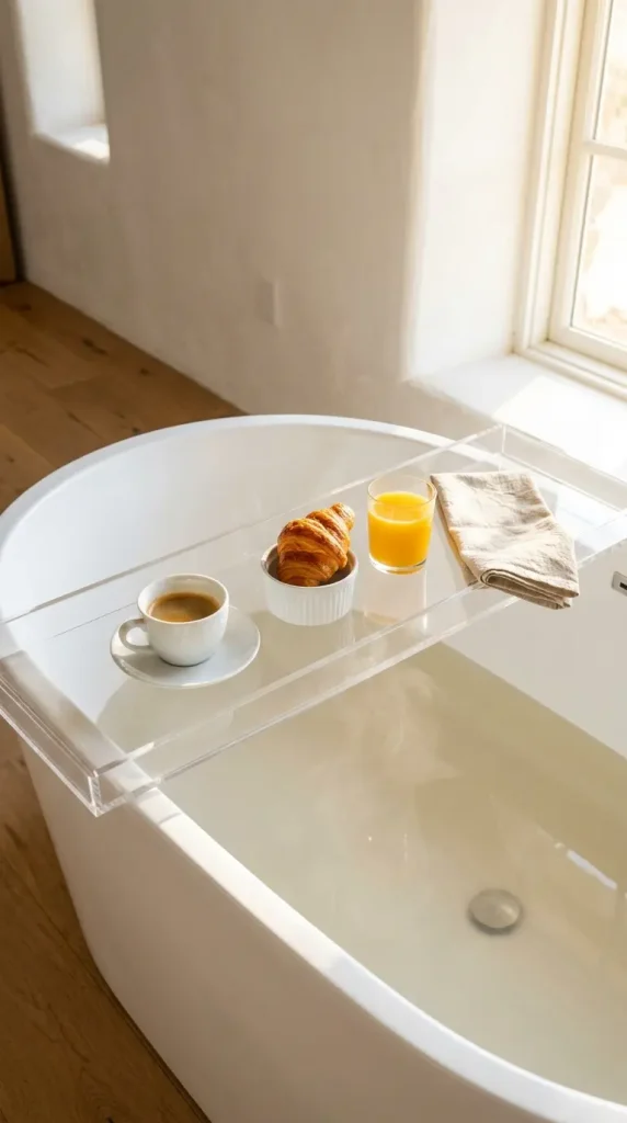 20 Bathtub Tray Clear Acrylic Modern Minimal Floating Look 16 16. Clear Acrylic Tray at a Breakfast Bath Setup