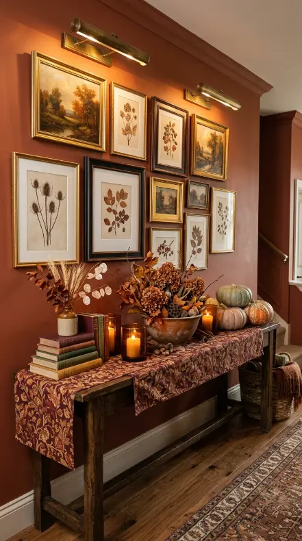18 Console Table Decor Maximalist Gallery Wall Picture Lights 16 16. Console with Seasonal Maximalist Styling — Autumn Layering