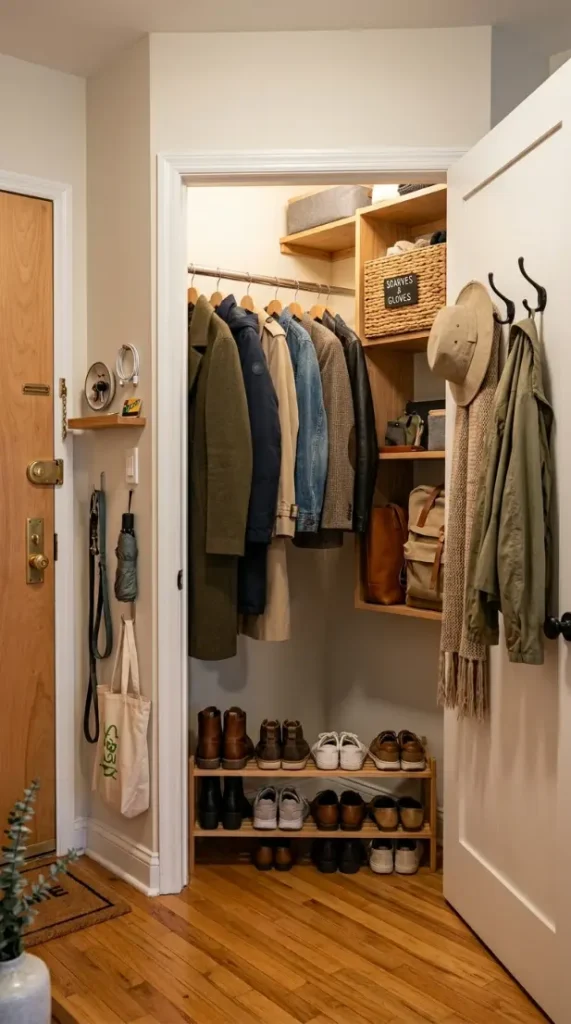 26 Smart Storage Closet Ideas Corner Diagonal Closet 16 16. Corner Diagonal Entryway Closet — Complete Arrival Organization