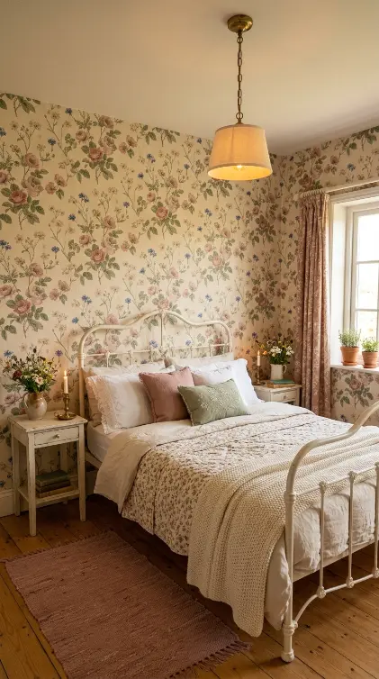 32 Cute Room Ideas for a Dreamy Cottagecore Bedroom 16 16. Cottagecore Bedroom With Antique Floral Wallpaper