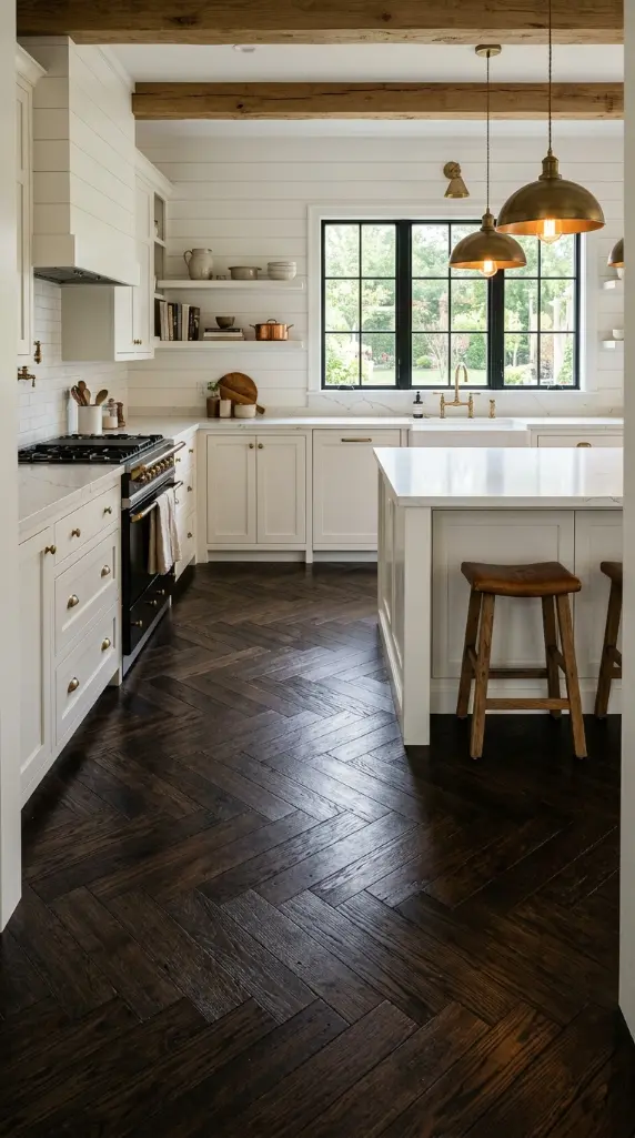25 Kitchen Flooring Ideas for Farmhouse Herringbone Reclaimed 16 16. Dark Stained Reclaimed Herringbone — Dramatic Farmhouse Floor