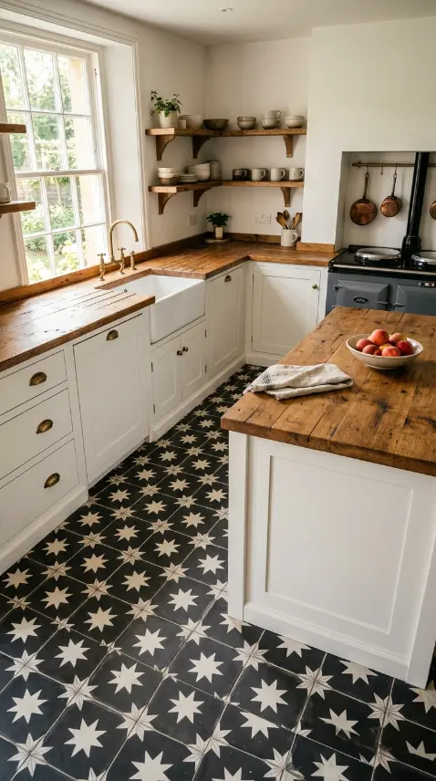 26 Kitchen Flooring Ideas for Farmhouse Black White Encaustic 16 16. Encaustic Floor With Reclaimed Timber Worktops