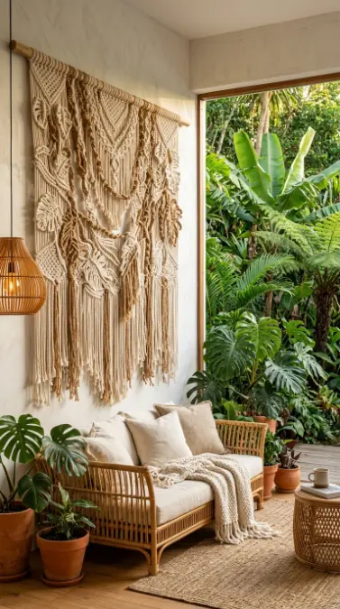 17 Indoor Outdoor Living Boho Macramé Jungle Garden View 16 16. Giant Macramé Wall Hanging as Indoor Jungle Feature Wall