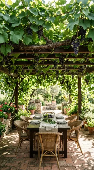 26 Outdoor Patio Ideas With a Cozy Pergola Dining Setup 16 16. Grapevine Trained Over the Pergola for Natural Shade