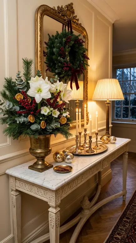 26 Entryway Console Table Ideas Traditional Marble Top 16 16. Marble Top Console With Christmas and Festive Styling