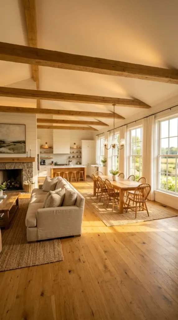 30 Modern Farmhouse Interior Design Seamless Floor Open Plan 16 16. Modern Farmhouse Open Plan — Large Windows and Natural Light