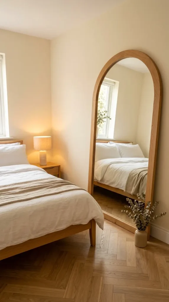 17 Big Mirror in Bedroom Oversized Oak Arch Warm Neutral 16 16. Oak Arch Mirror in the Warm Neutral Guest Bedroom