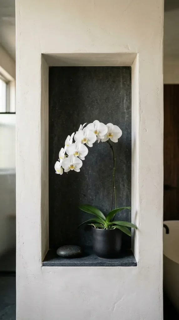 26 Bathroom Shelf Plants Decor Japandi Orchid Minimal 16 16. Orchid on Recessed Wall Niche Shelf