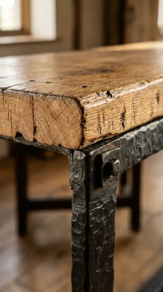 26 Console Table Styling Reclaimed Wood Rustic Farmhouse 16 16. Reclaimed Wood Console With a Wrought Iron Base — Material Combination Close-Up