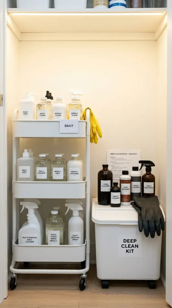 27 Cleaning Closet Organization Tiered Rolling Cart Ideas 16 16. Seasonal Cleaning Cart Rotation — Deep Clean vs Daily Cart