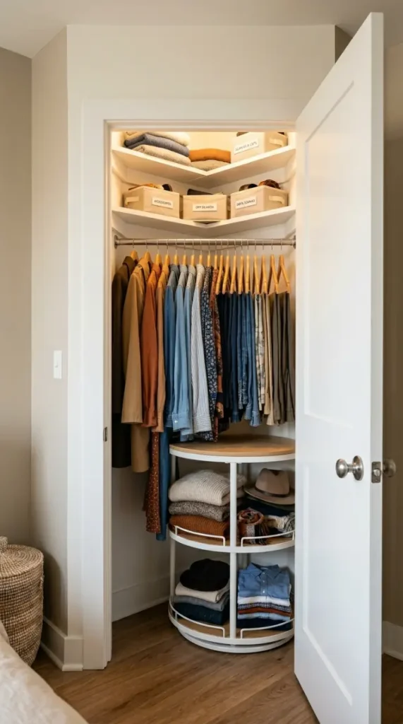 25 Small Storage Closet Organization Tiny Apartment Ideas 16 16. The Awkward Corner Closet — Angled Wall Solutions