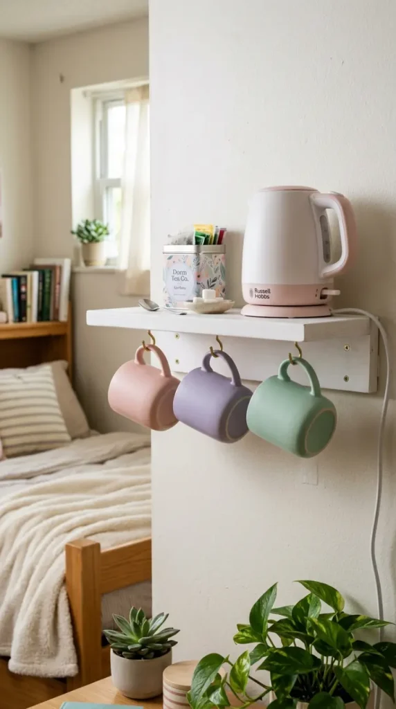 24 College Bedroom Ideas Pastel Girly Aesthetic Dreamy Style 16 16. The Pastel Plate and Mug Display Shelf — Tiny Kitchen Corner Charm