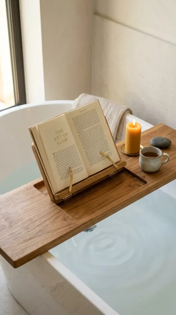 18 Bath Tub Decor Ideas Freestanding Tray Quiet Luxury 16 16. Use a Tray With Integrated Book Stand for a Hands Free Reading Bath