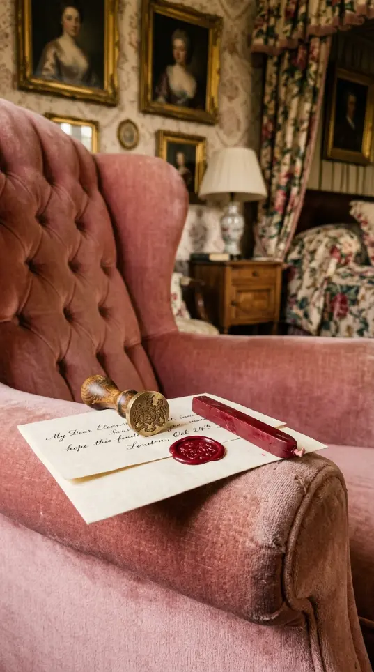 19 Comfy Reading Chair Vintage Pink Velvet Bedroom Maximalist 16 16. Wax Seal and Correspondence on the Chair Arm
