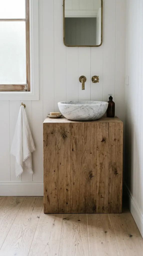 26 Light Wood Flooring for Farmhouse Wire-Brushed Oak Bath 16 16. Wire-Brushed Oak Floor With a Marble Basin on a Timber Plinth