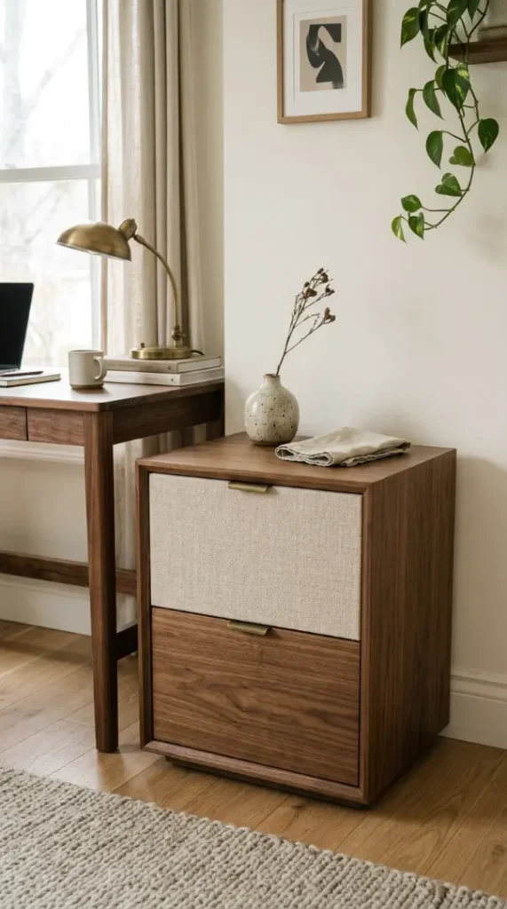 26 Cozy Home Office Warm Wood Linen Neutral Style Ideas 17 17. A Wood and Linen Filing Cabinet Disguised as Furniture