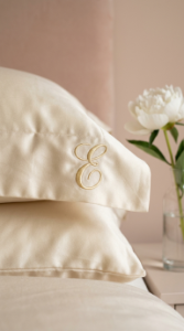 17 Bedroom Aesthetic Romantic Soft Luxe Peony Silk Style 17 17. Add Embroidered Monogram Linen on the Pillowcases