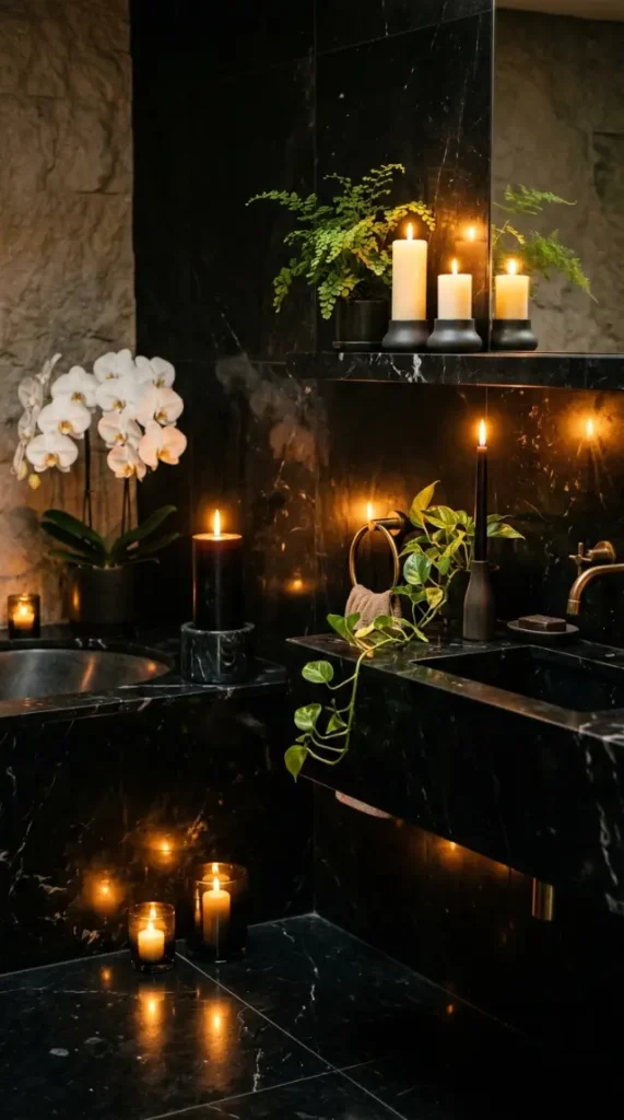 23 Bathroom Plants Decor Luxury Spa Black Marble Style 17 17. Candles and Black Marble Candle Holders as Spa Atmosphere