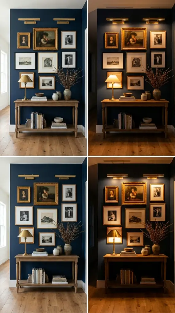 18 Console Table Decor Maximalist Gallery Wall Picture Lights 17 17. Console with Picture Lights on Timer for Day-to-Night Transformation
