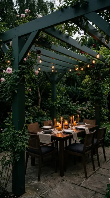 26 Outdoor Patio Ideas With a Cozy Pergola Dining Setup 17 17. Dark Green Painted Pergola Frame for a Moody Outdoor Dining Atmosphere