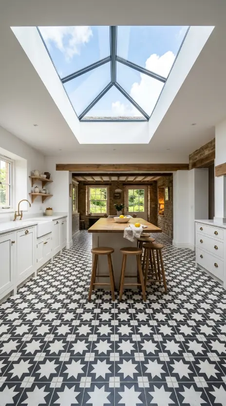 26 Kitchen Flooring Ideas for Farmhouse Black White Encaustic 17 17. Encaustic Floor in a Farmhouse Kitchen Extension With Roof Lights