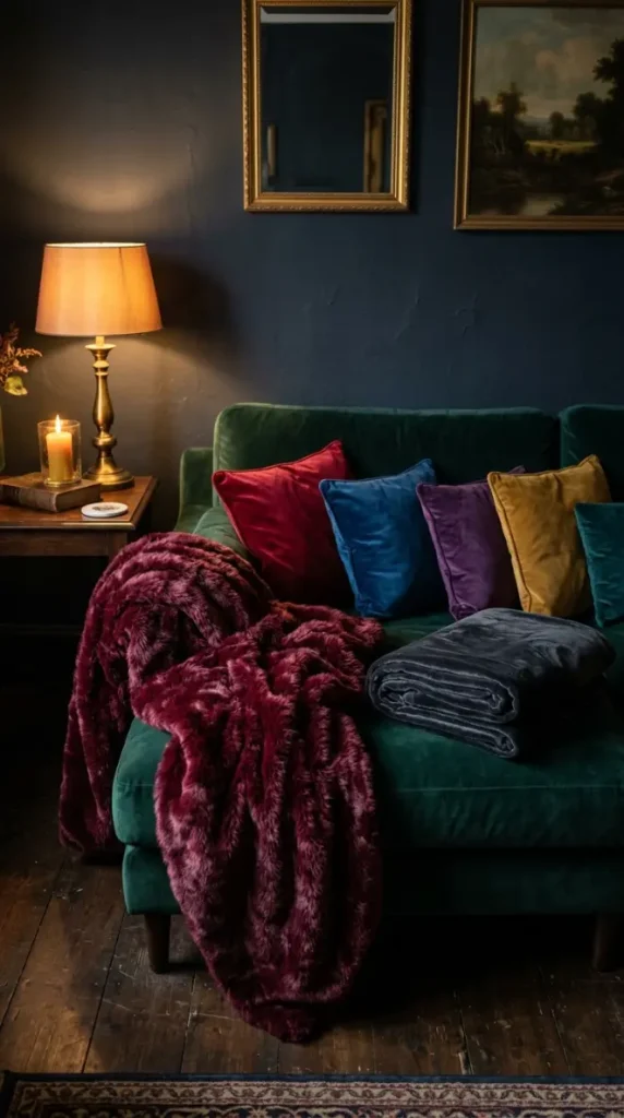 20 Vintage Home Aesthetic Glamouratti Moody Apartment 17 17. Faux Fur and Velvet Throws Layered Across Every Seating Surface