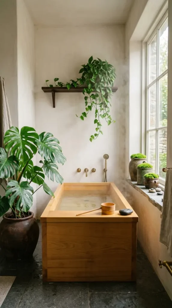 30 Bathroom Plants Decor Japandi Minimal Hinoki Tub Style 17 17. Hinoki Bathroom — Morning Steam and Plant Atmosphere