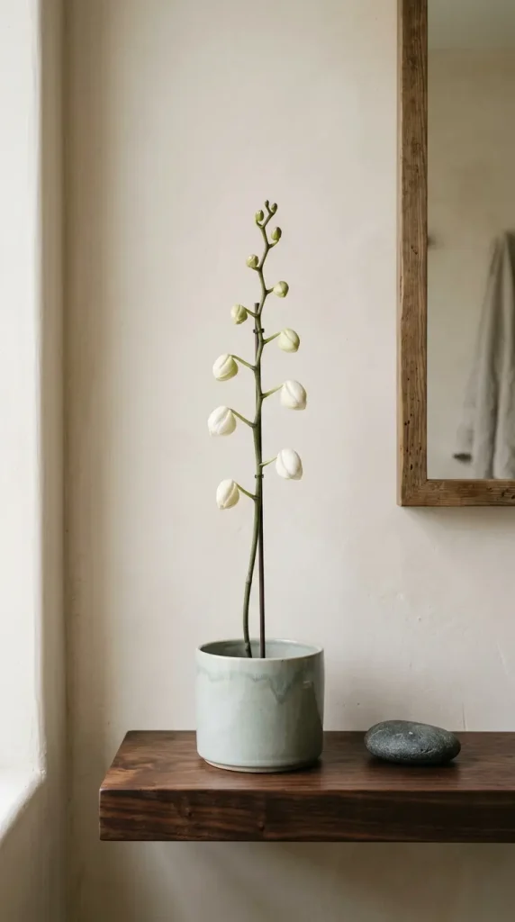 26 Bathroom Shelf Plants Decor Japandi Orchid Minimal 17 17. Japandi Bathroom Shelf — Moth Orchid in Bud