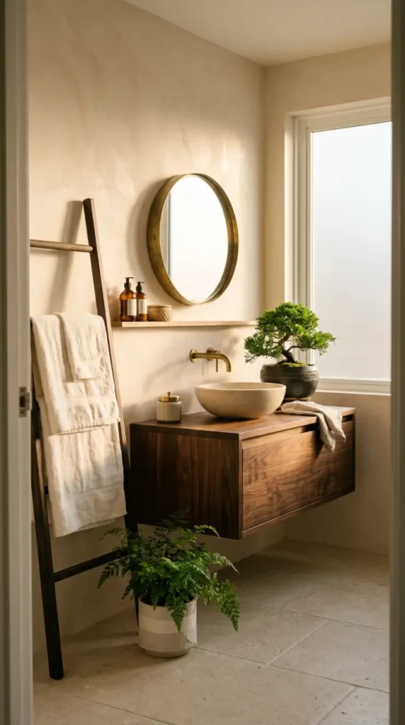 24 Modern Bathroom Plant Aesthetic Japandi Bonsai Minimal 17 17. Japandi Bathroom at Morning — Natural Light Ritual