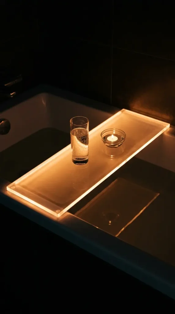 20 Bathtub Tray Clear Acrylic Modern Minimal Floating Look 17 17. LED Lit Clear Acrylic Tray for an Atmospheric Night Bath