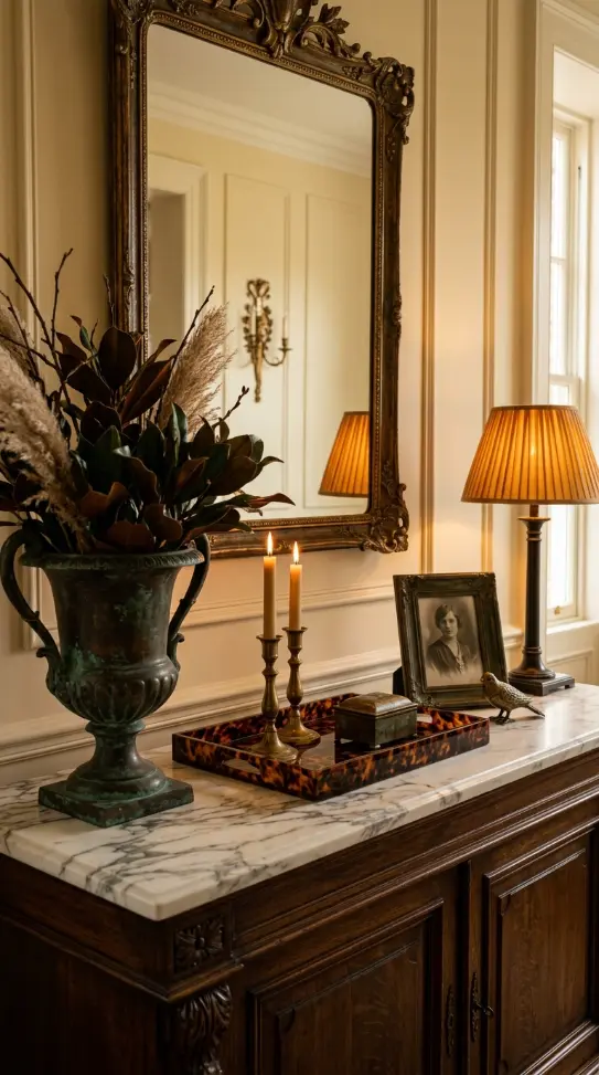 26 Entryway Console Table Ideas Traditional Marble Top 17 17. Marble Top Console With Aged Bronze and Tortoiseshell Accessories