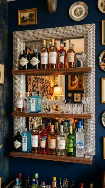 20 Bedazzled Mirror Disco Ball Living Room Maximalist Wall 17 17. Mirror Wall Bedazzled With Rhinestones Behind an Open Shelving Bar