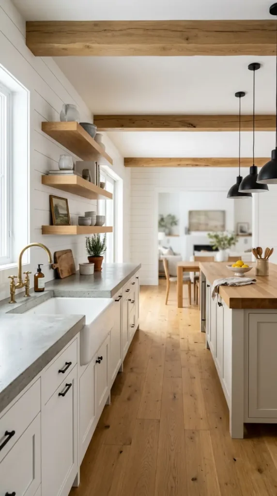 30 Modern Farmhouse Interior Design Seamless Floor Open Plan 17 17. Modern Farmhouse — Concrete and Oak Material Contrast