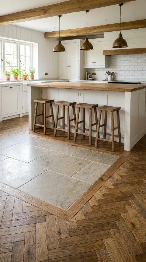25 Kitchen Flooring Ideas for Farmhouse Herringbone Reclaimed 17 17. Reclaimed Herringbone with Underfloor Radiant Stone Zone
