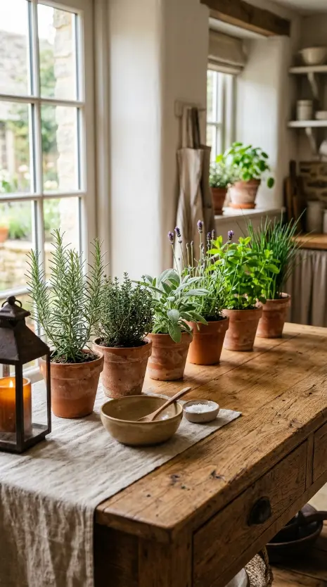 26 Console Table Styling Reclaimed Wood Rustic Farmhouse 17 17. Reclaimed Wood Console With a Herb Garden in Small Terracotta Pots