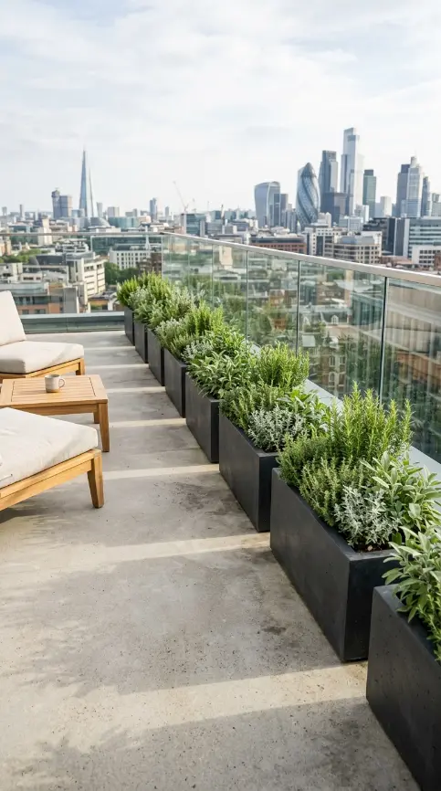 26 Minimal Outdoor Living Space Design for a Rooftop Terrace 17 17. Rooftop Herb Garden in Uniform Planters