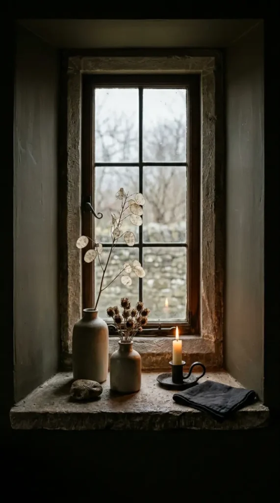 18 Vintage Bedroom Ideas Dark Brown Wood Moody Decor 17 17. Style the Window Ledge as a Dark Moody Still Life