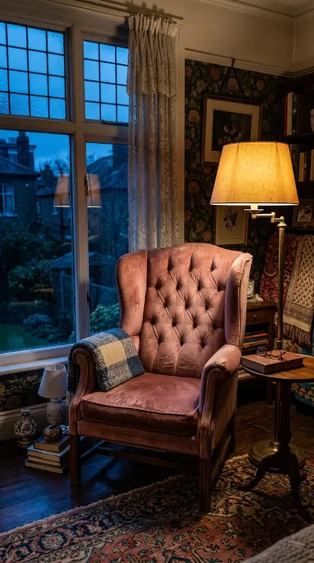 19 Comfy Reading Chair Vintage Pink Velvet Bedroom Maximalist 17 17. The Chair at Dusk — Only the Lamp and the Last Light