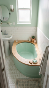 24 Small Bathroom Decor with Bathtub Caddies Vintage Pastel 17 17. The Compact Corner Tub with Wraparound Caddy — Tiny Footprint Solution