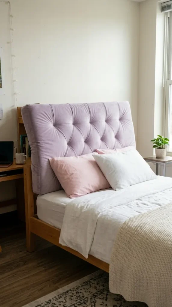 24 College Bedroom Ideas Pastel Girly Aesthetic Dreamy Style 17 17. The Pastel Tufted Headboard Cushion — Removable Upholstery Solution