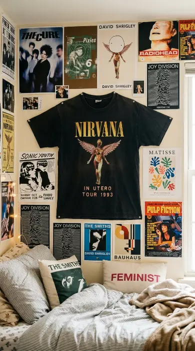 26 Dorm Bed Inspo Maximalist Gallery Wall Twin XL Style 17 17. The Vintage Concert Tee and Textile Wall Hanging — Fabric Display Layer