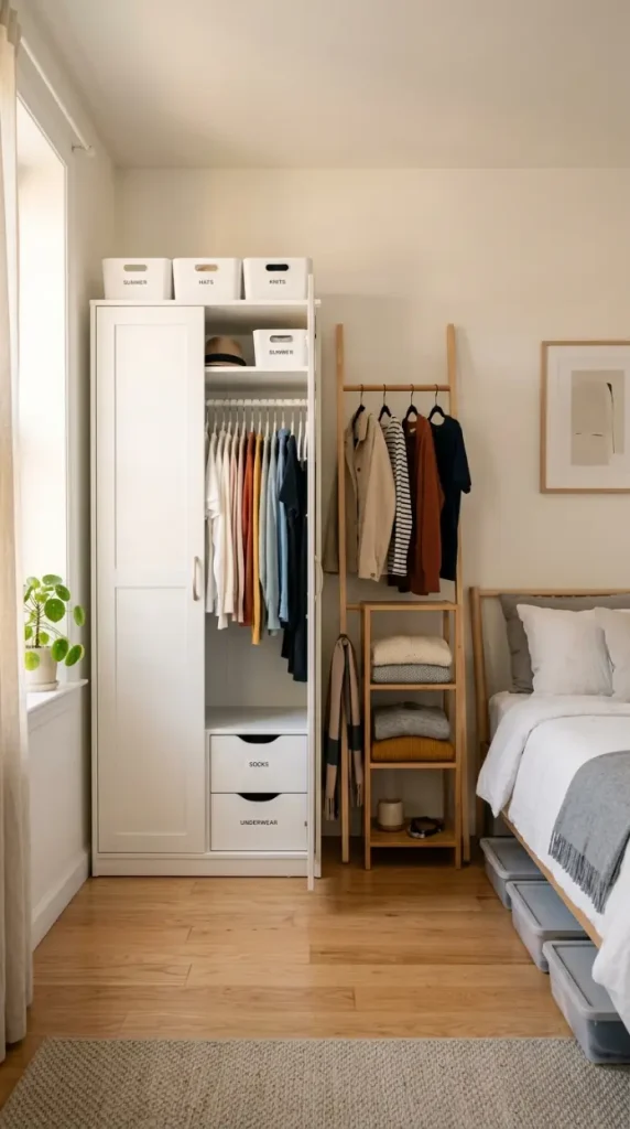 25 Small Storage Closet Organization Tiny Apartment Ideas 17 17. The Wardrobe Closet Without a Closet — Freestanding Solutions