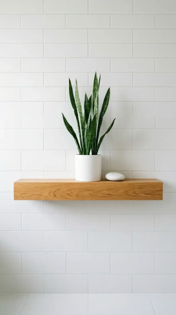 28 Minimal Bathroom Plants Decor Inspiration Oak White Style 17 17. White Grout Lines and Oak Shelf — Geometric Plant Detail
