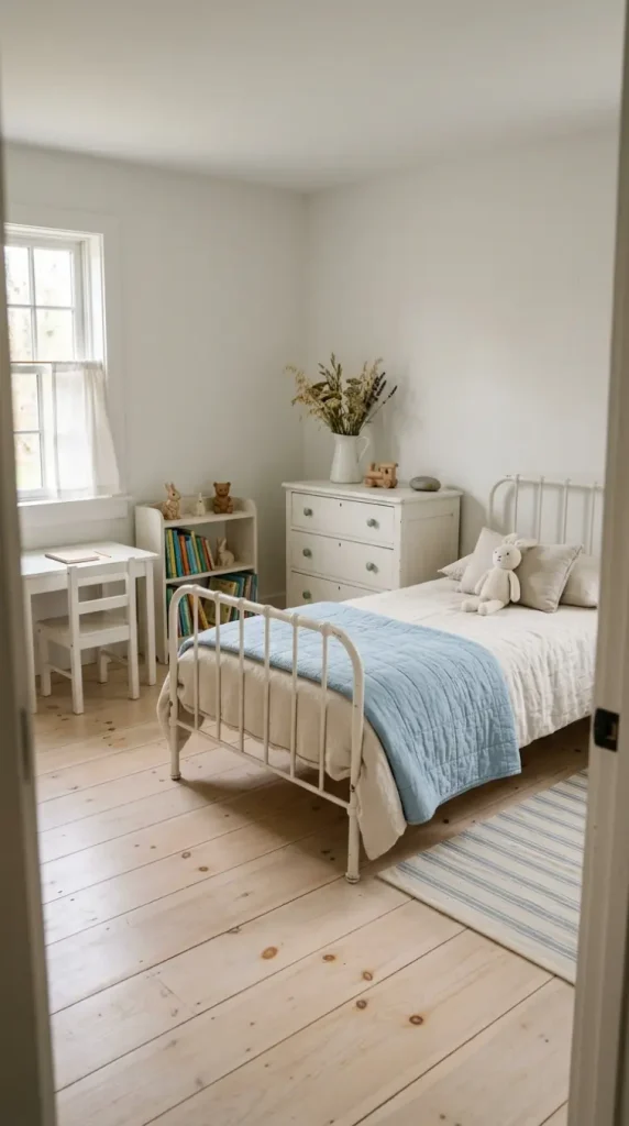 27 Light Wood Flooring for Farmhouse Whitewashed Pine Style 17 17. Whitewashed Pine with Vintage White Painted Furniture — Children's Room