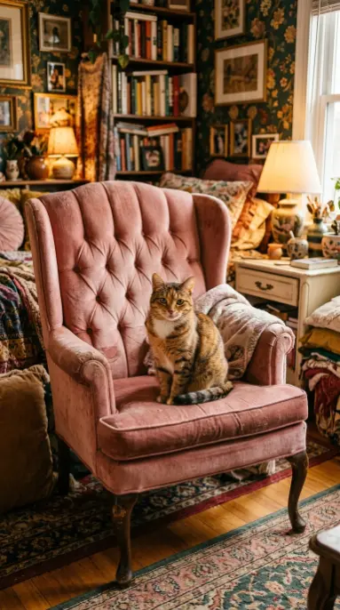 19 Comfy Reading Chair Vintage Pink Velvet Bedroom Maximalist 18 18. A Cat on the Pink Velvet Chair Its Preferred Throne