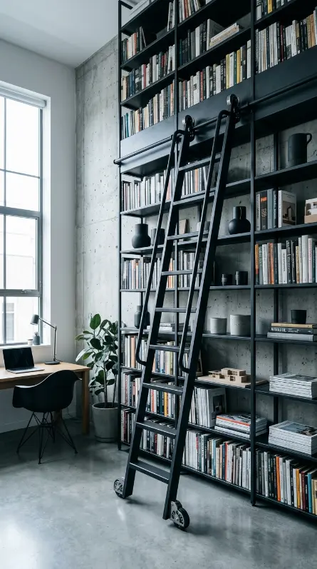 24 Home Office Inspiration Modern Minimal Concrete Steel 18 18. A Single Steel Library Ladder for Tall Shelving Access