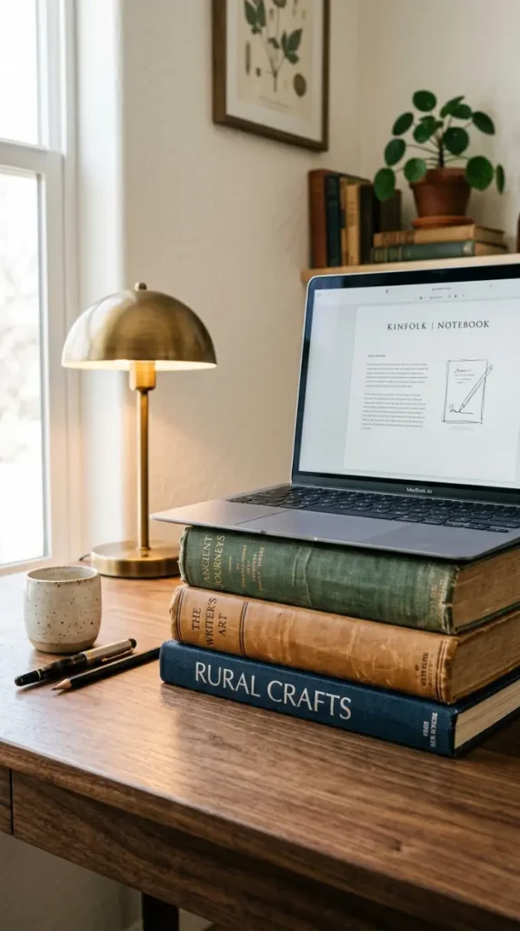 26 Cozy Home Office Warm Wood Linen Neutral Style Ideas 18 18. A Small Stack of Vintage Books as a Monitor Riser